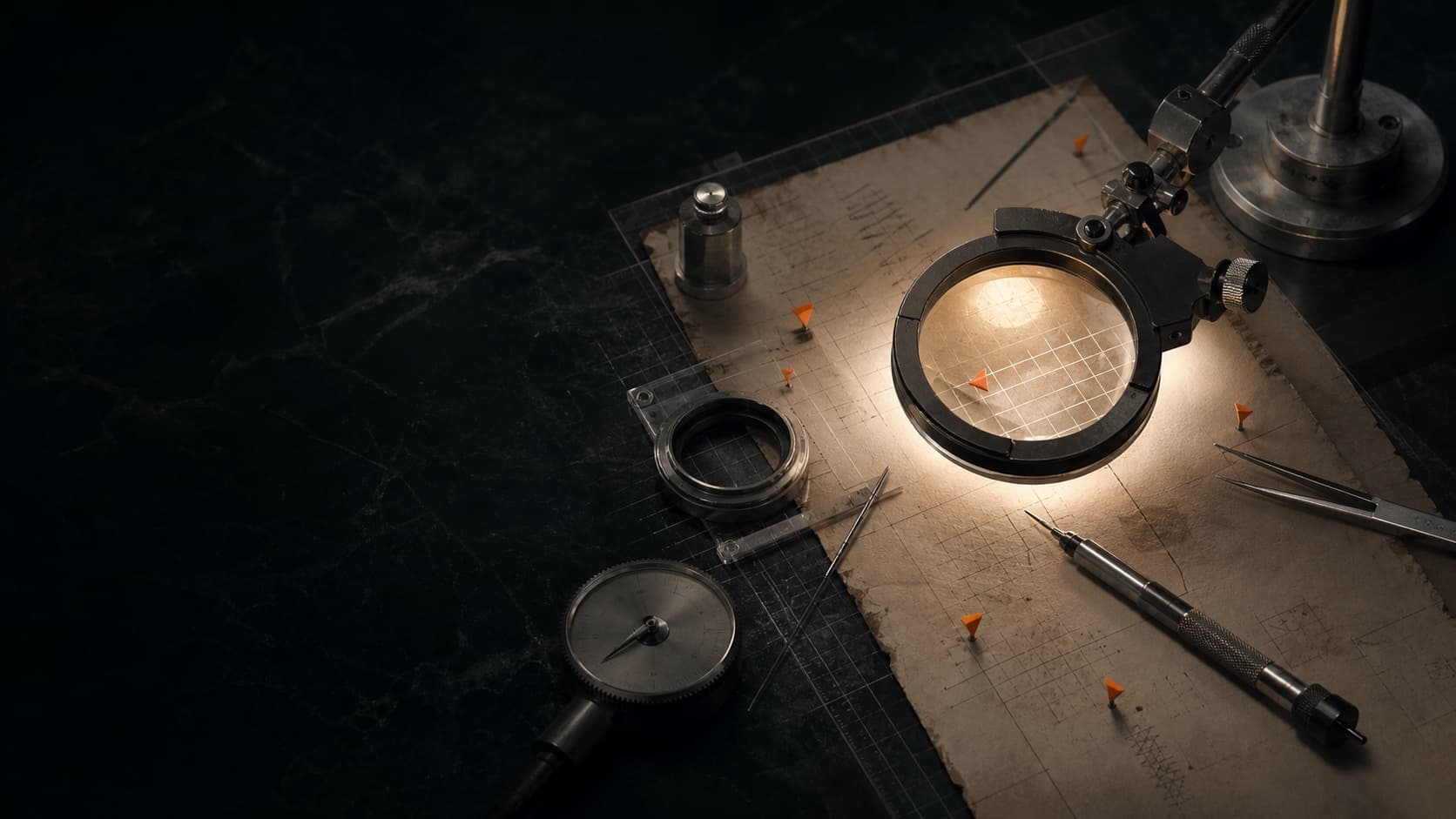 Precision diagnostic table with illuminated paper grids, calibration instruments, and orange issue markers