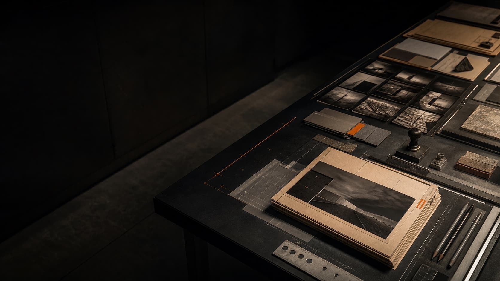 Dark editorial project archive with contact sheets, technical drawings, material samples, and measurement tools