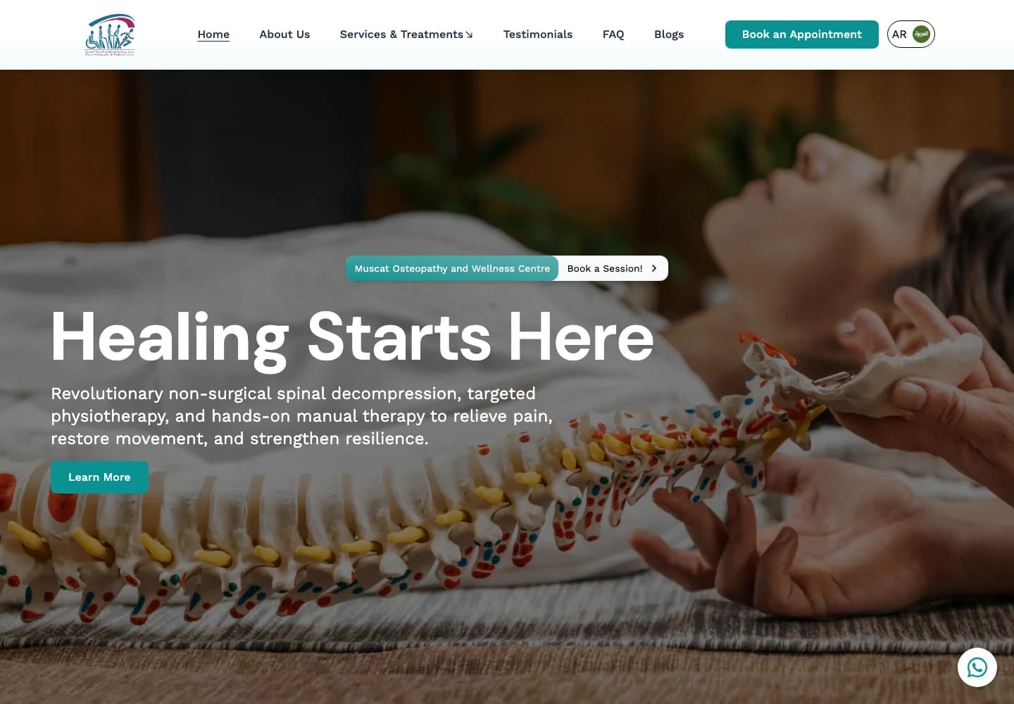 Muscat Osteopathy website homepage, captured from the live project.