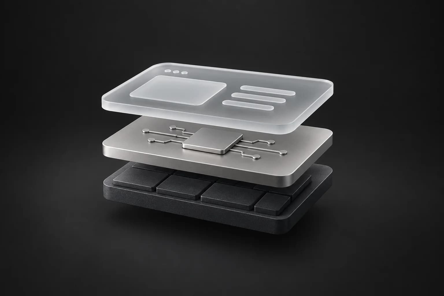 Three precision layers in glass, silver, and graphite representing connected product design and engineering